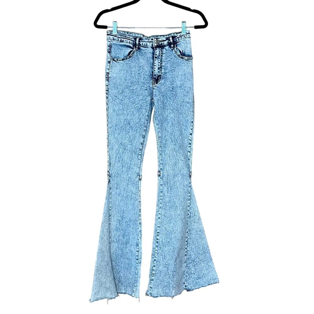 Saints & Hearts Acid Wash High Rise Extreme Flare Bell Bottom Jeans Sz M hippie